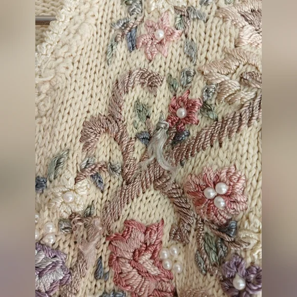 Jenny Grandmother Floral Embroidered & beaded Colorful button Up Sweater Large - Picture 8 of 12